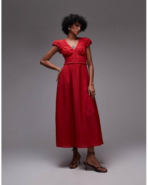 & Other Stories Red Midi Dress With Tier Hem And Ruffle Sleeves