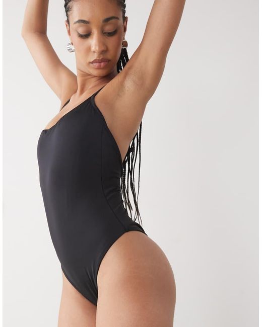 Monki Black Scoop Neck High Leg Swimsuit