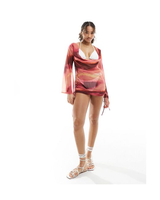 Miss Selfridge Red – strand-minikleid aus chiffon mit farbverlauf und wasserfallausschnitt