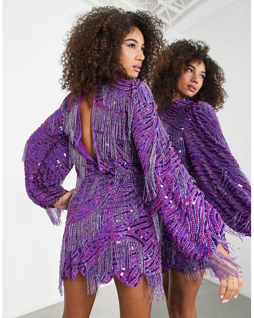 ASOS Purple Edition Sequin Beaded Fringe Long Sleeve Minidress