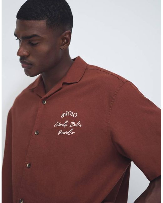 ASOS Red Oversized Revere Linen Blend Shirt With Back And Chest Embroidery for men