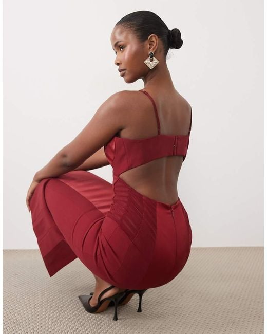 Bardot Red Satin Cami Lace Detail Midi Dress