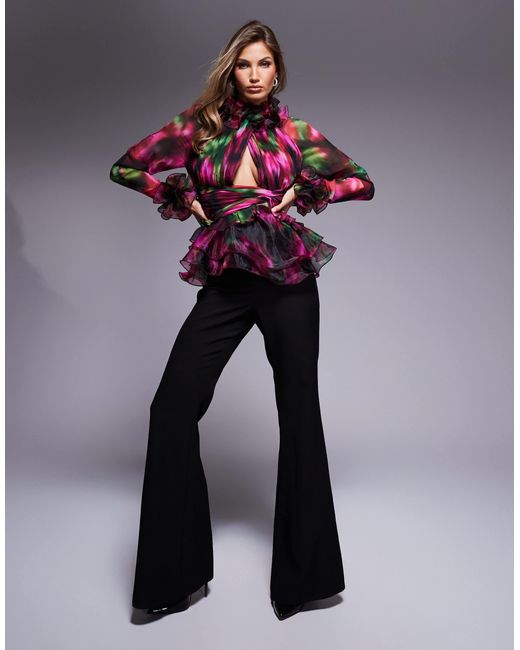 ASOS Multicolor – langärmliges organza-oberteil mit akzentuierten rüschen und verschwommenem blumenmuster
