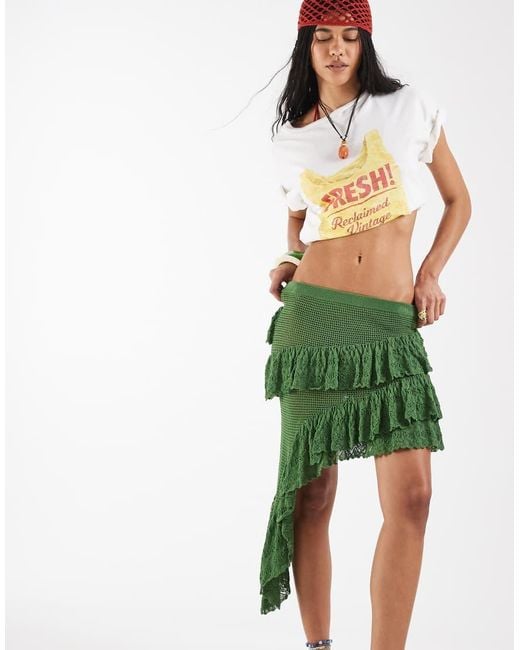 Reclaimed Vintage Green Crochet Tiered High Low Skirt