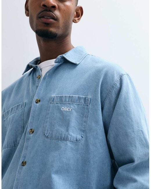 Obey Blue Charlie Denim Woven Long Sleeve Shirt for men