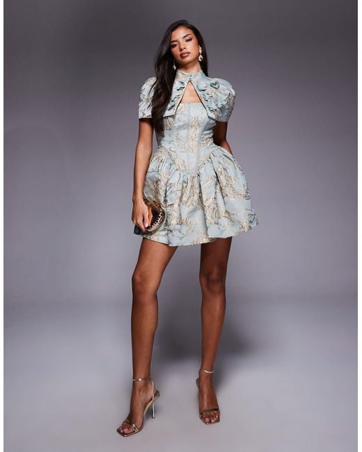 ASOS Gray Jacquard Corset Skater Dress With Cape Detail And 3d Flowers