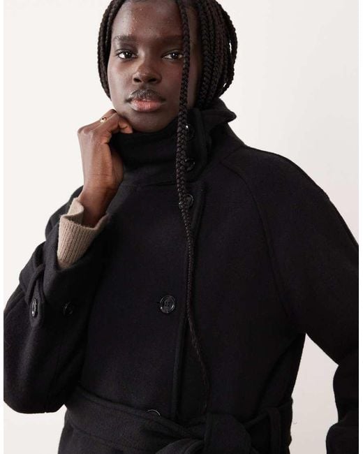 Gina Tricot Black Wool Belted Midaxi Coat With Funnel Neck Detail