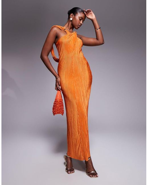 ASOS Orange Plisse Cross Front Maxi Dress With Draped Back