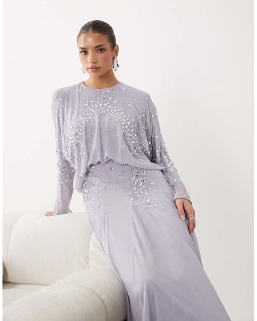 ASOS Purple Blouson Bodice Embellished Batwing Sleeve Maxi Dress With Godet Hem