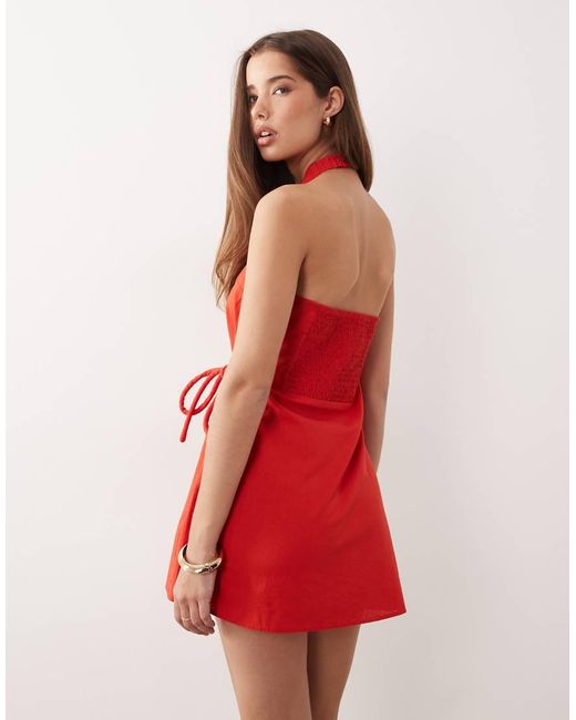 ASOS Red Cotton Linen Halter Neck Wrap Mini Sundress