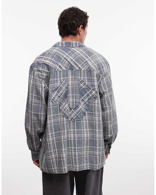 True Religion Gray Distressed Bleached Long Sleeve Flannel Shirt for men
