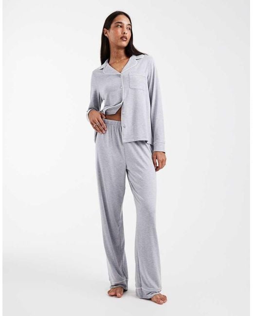 ASOS White Super Soft Long Sleeve Shirt & Pants Pajama Set With Contrast Piping
