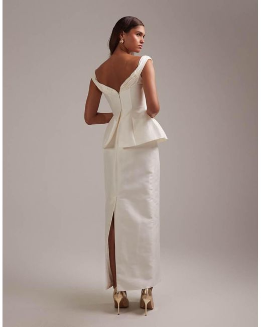 ASOS Brown Ruched Off Shoulder Structured Midaxi Wedding Dress