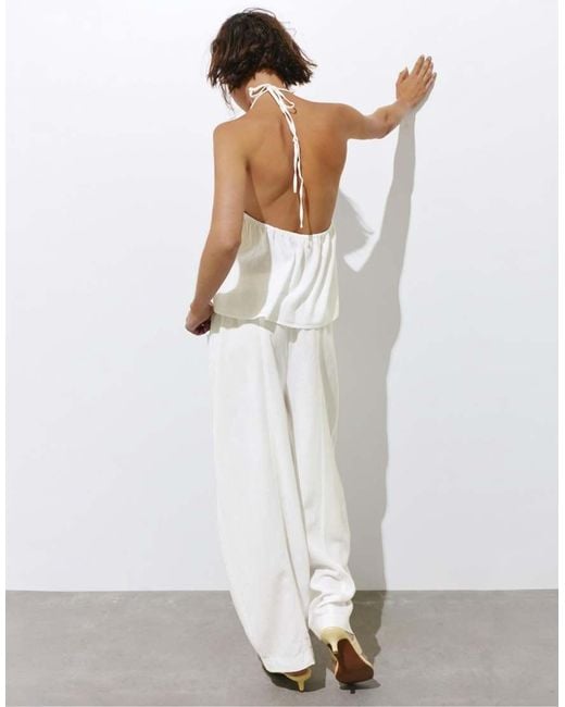 Pull&Bear White Linen Blend Trousers