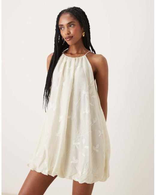 Mango White Halter Neck Dress With Puff Hem And Flower Embroidery
