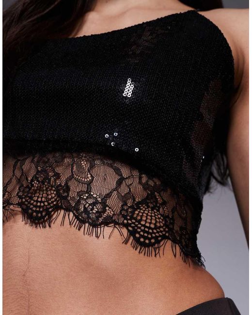 ASOS Black Sequin Cami Top With Lace Trim