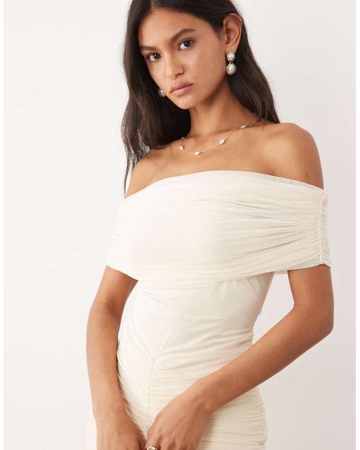 JW PEI Natural Bridal Mesh Ruched Off Shoulder Sheer Drop Hem Maxi Dress