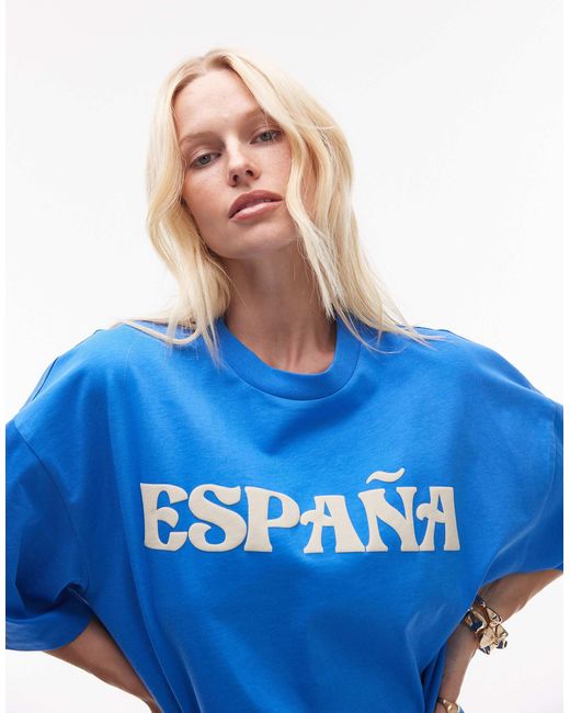 TOPSHOP Blue Jersey Graphic Espana Oversized T-shirt