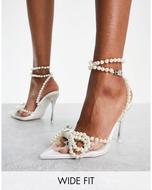 Public Desire Midnight Bow Heel Shoes With Pearl Detail in White | Lyst