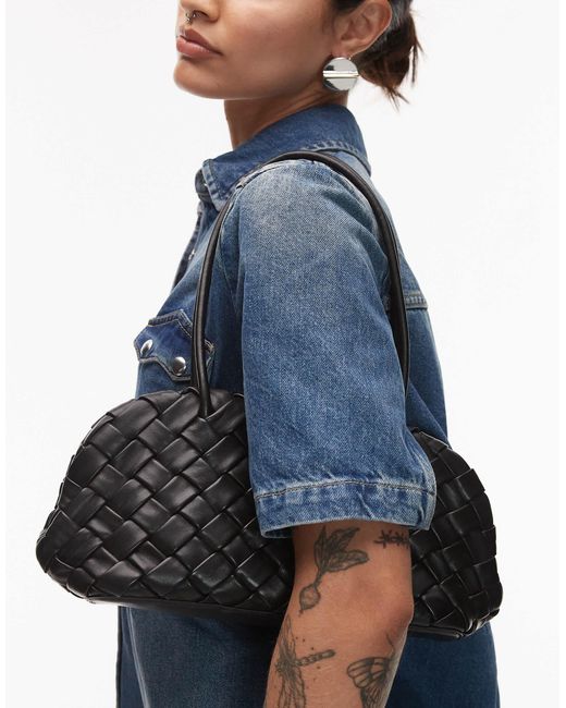 Mango Blue Woven Leather East To West Shoulder Bag