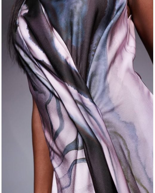 ASOS Purple High Neck Drape Maxi Satin Dress With Tucked Detail
