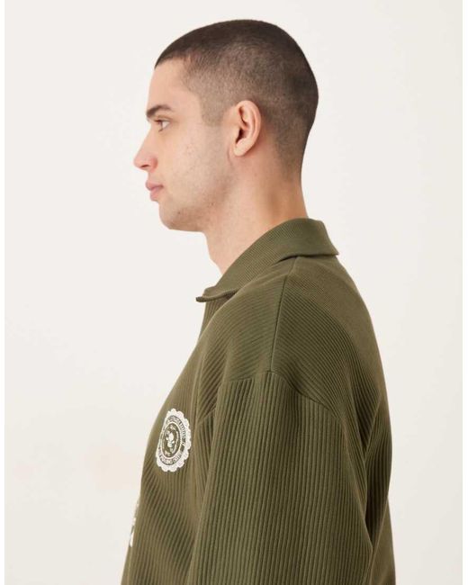 ASOS Green Relaxed Fit Notch Polo Neck Ribbed Sweatshirt With Chest Print for men