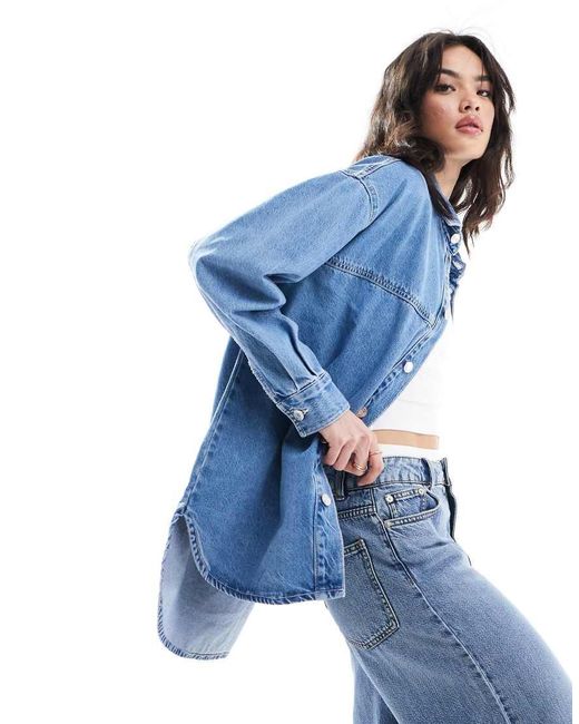 Bershka Longline Oversized Denim Shirt in Blue | Lyst UK