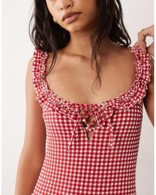 For Love & Lemons Red Alison Ruffle Trim Swimsuit