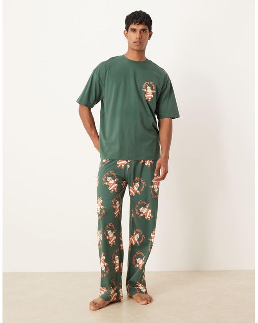 ASOS Green Christmas Pyjama Set With Vintage Santa Graphic for men