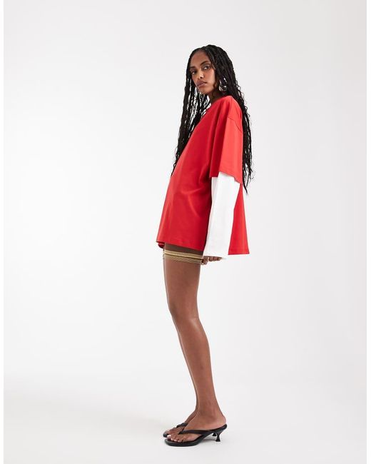 Lioness Red 2 In 1 Oversized T-shirt Overlay And Striped Long Sleeve Shirt In And White