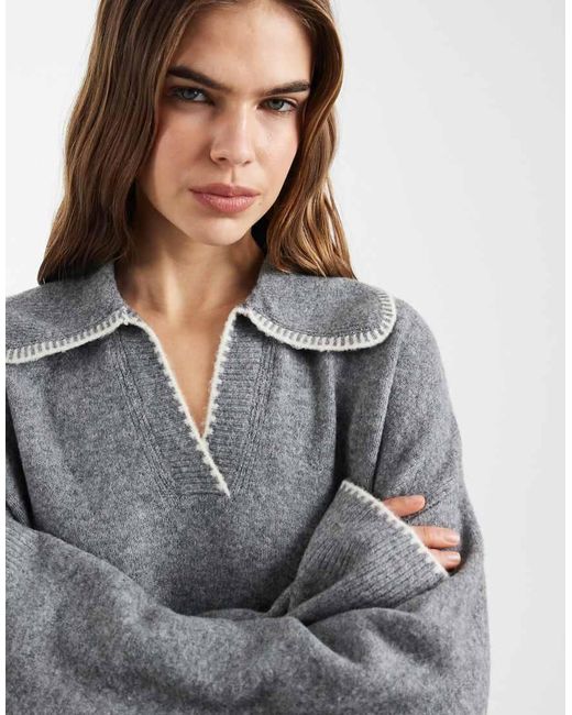 ONLY Gray Contrast Stitch Knitted Polo
