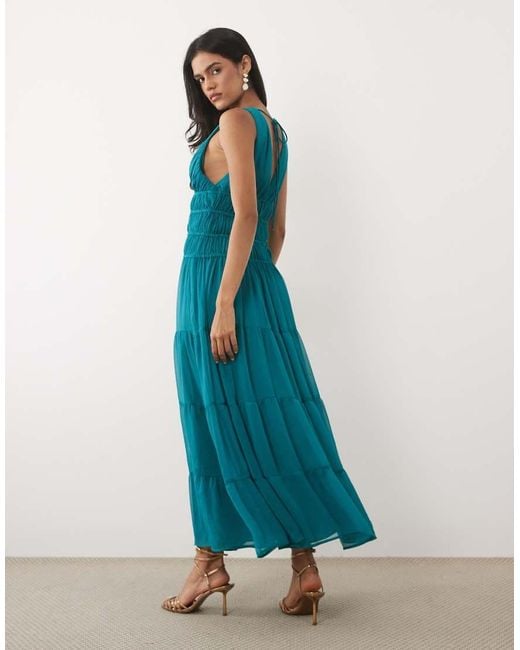 Abercrombie & Fitch Blue V-neck Flowy Crinkle Chiffon Maxi Dress