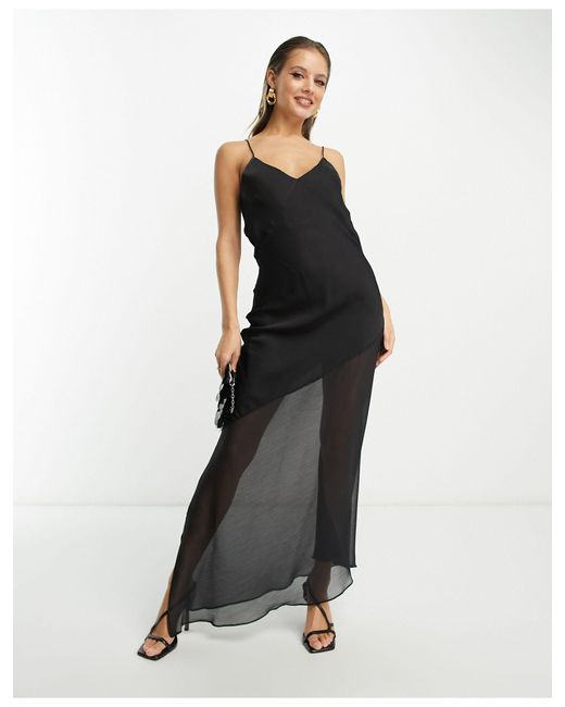 Mango X Camille V Neck Asymmetric Sheer Bottom Dress in Black Lyst