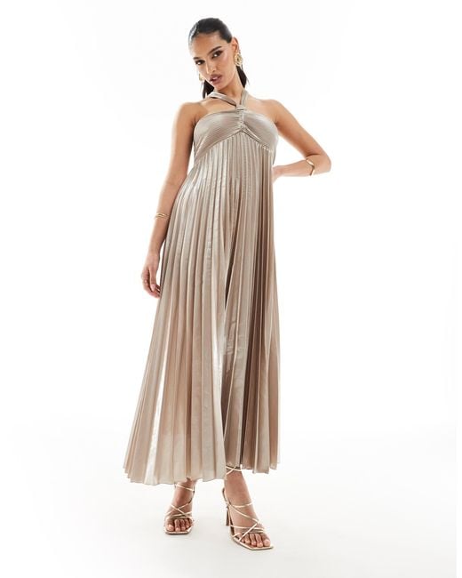 Mango Halterneck Pleated Midi Dress in Natural | Lyst