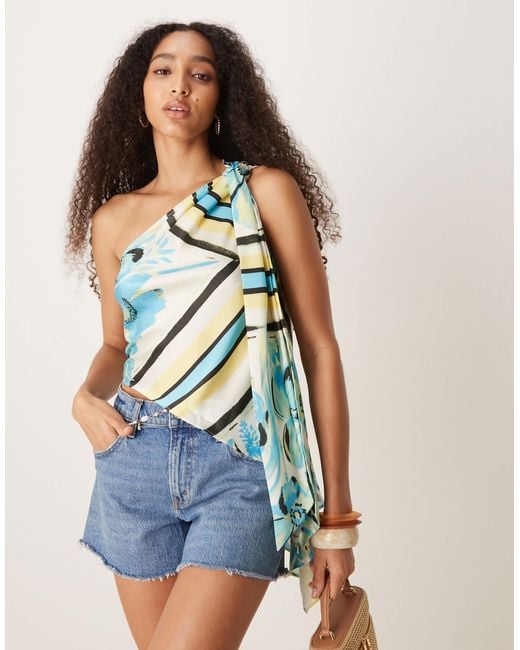ASOS One Shoulder Satin Top in Blue | Lyst