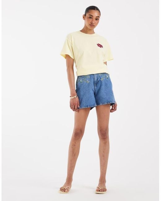 Pieces Blue Floral Embroidered Denim Shorts