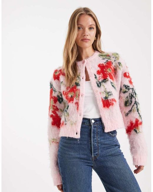 ASOS Red Brushed Floral Relaxed Cardigan