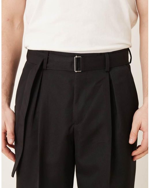 ASOS Black Smart Wide Leg Trouser With Belt Detail for men