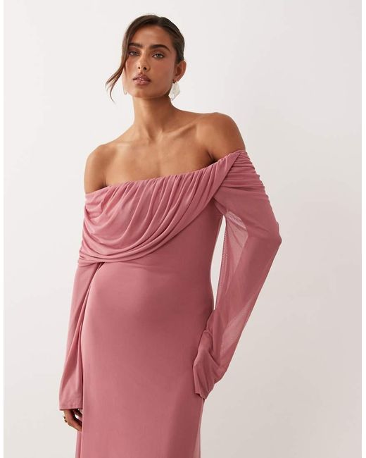 ASOS Pink Mesh Off The Shoulder Draped Neck Long Sleeve Maxi Dress