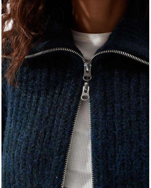 Weekday Blue Bea Wool Blend Zip Through Cardigan With Oversized Collar