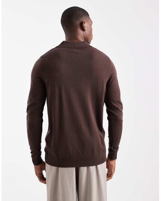 ASOS Brown Knit Notch Neck Sweater for men