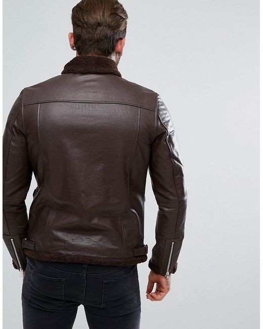 ASOS Borg Lined Leather Jacket In Brown 