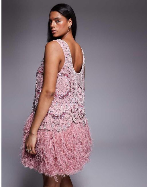 ASOS Pink Curve Embellished Scoop Neck Mini Dress With Faux Feather Hem