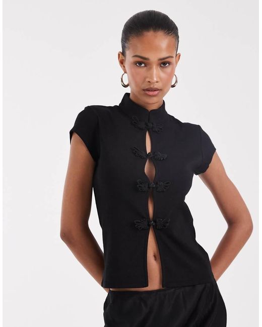 JJXX Black Mandarin-collar Top With Pankou Clasps