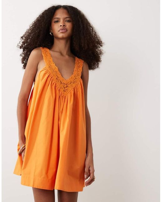 ASOS Orange V Neck Smock Poplin Mini Sundress With Lace Overlay