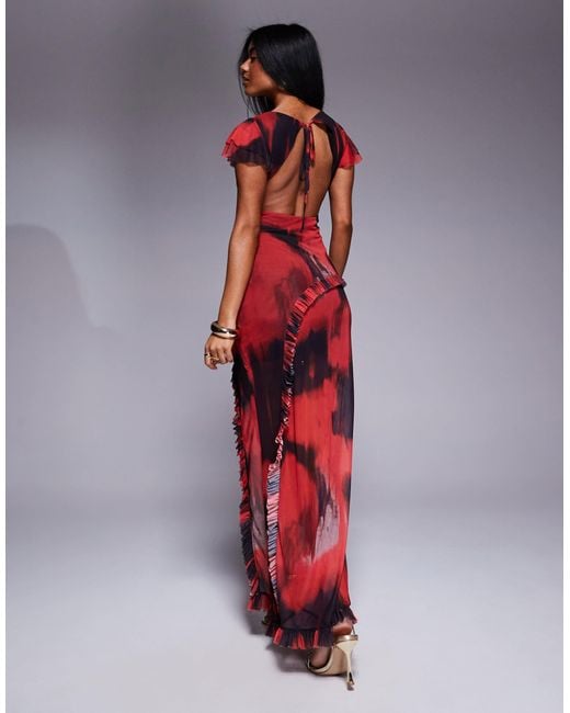 ASOS Red – maxikleid mit verschwommenem wasserfarbendesign, u-boot-ausschnitt, rüschen an den ärmeln und rüschenverzierung