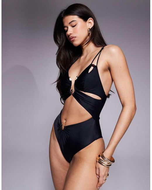 ASOS Black Lucie Plunge Swimsuit With Cut-out And Resin Trim