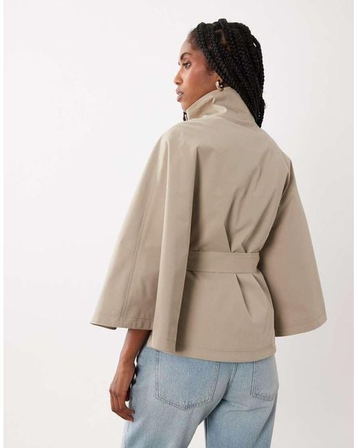 Threadbare Natural Short Cape Trench Jacket With Funnel Neck And Belt