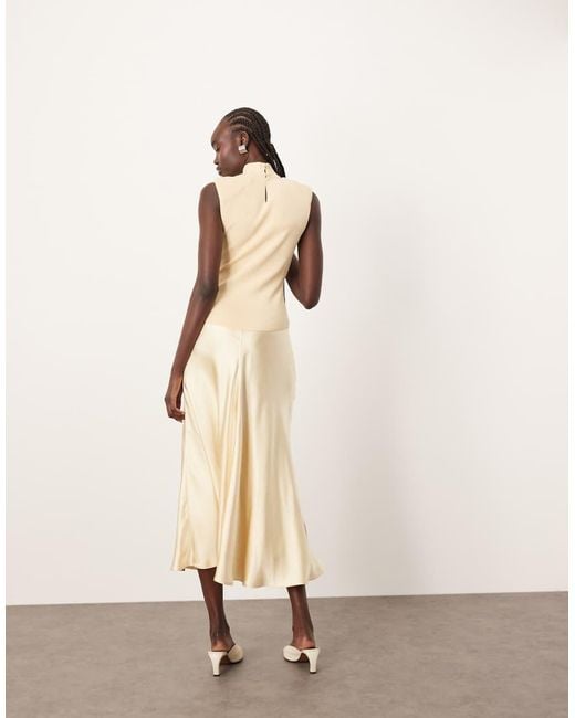ARRANGE Natural Knit Drop Waist Midi Dress With Satin Skirt