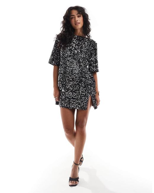 4th & Reckless Black Velvet Sequin Mini T-shirt Dress With Open Back